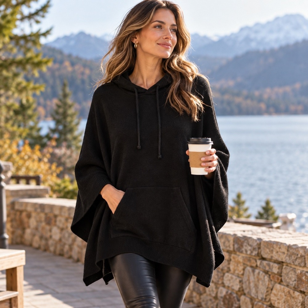 Vince 100% Cashmere Hooded Poncho Cape Black Womens M Style 72515